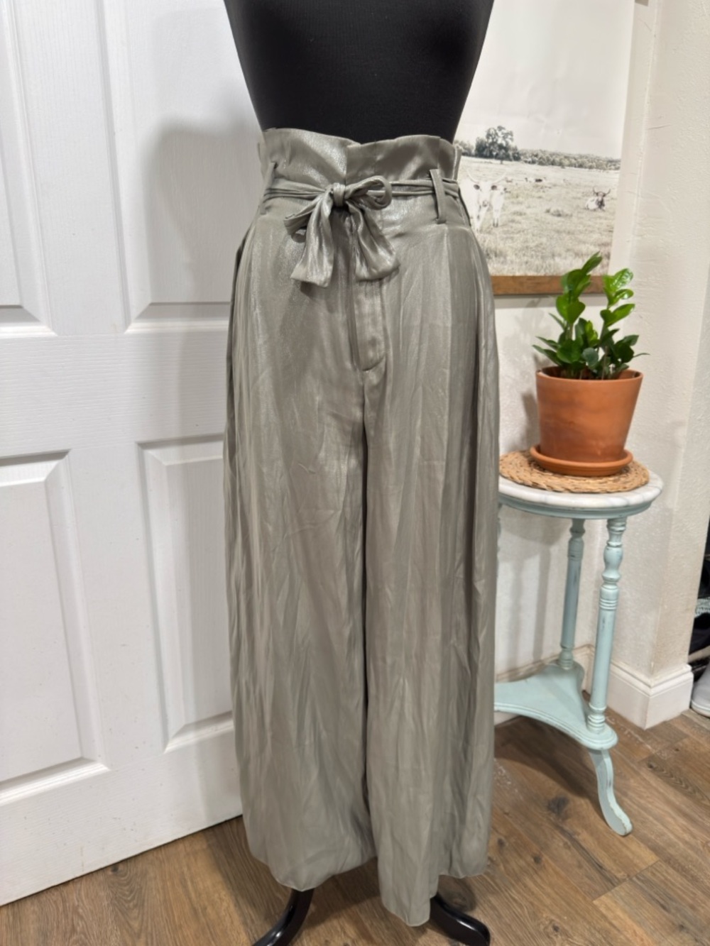 Zara High-Waist Wide Leg Paperbag Pants - Sage Green